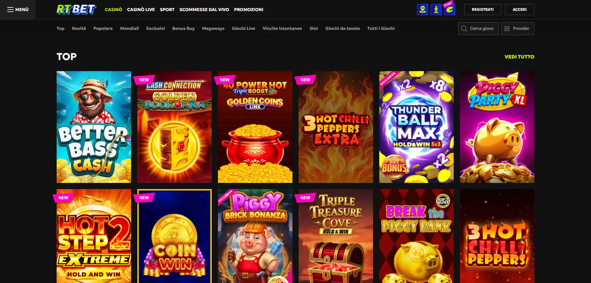 RTbet Casino slot machine catalogo con RTP e modalit&agrave; demo gratis